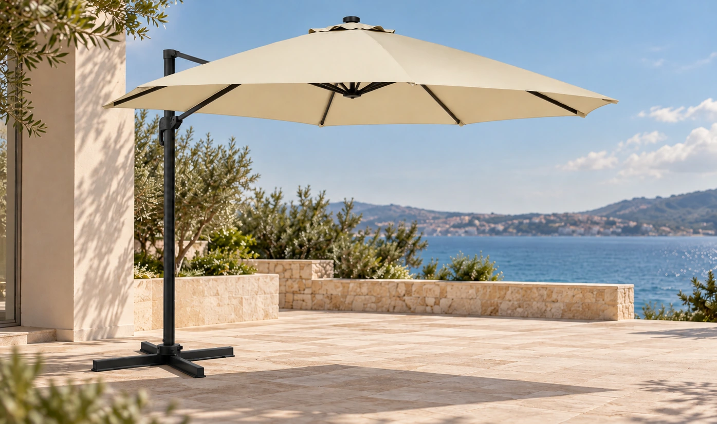 Large cream cantilever patio umbrella with black metal stand on a seaside terrace